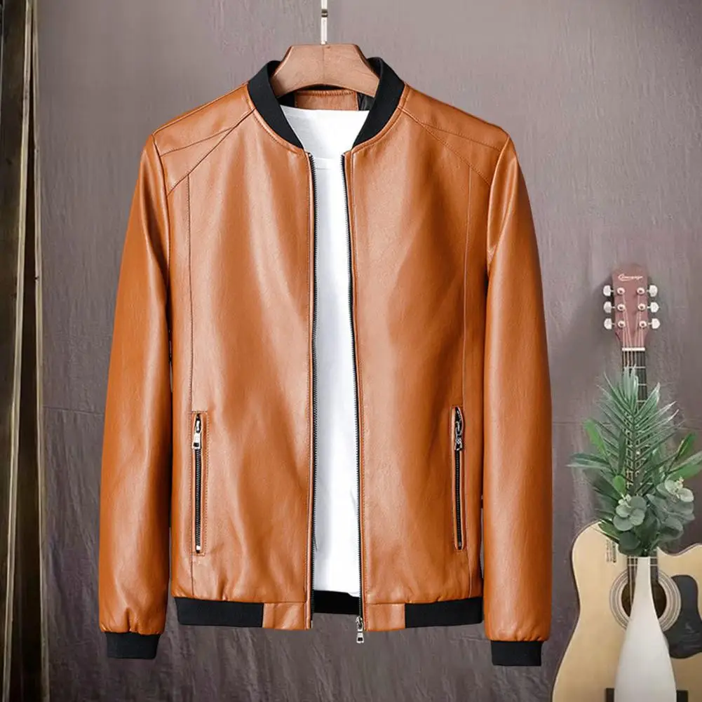 

Men Coat Stylish Men's Faux Leather Motorcycle Jacket With Stand Collar Pockets Solid Color Elastic Hem Coat For A Trendy Look