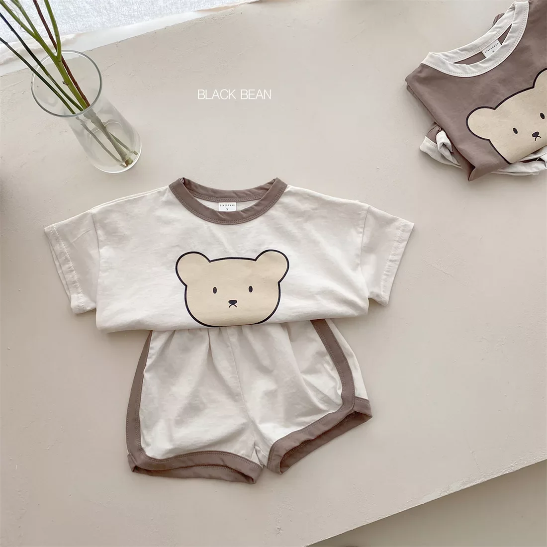 Full Print Little Bear Tees +shorts Boys And Girls Cute Cotton Fashion Crew Neck Pullover Short Sleeve Home Clothes 2pcs Suits