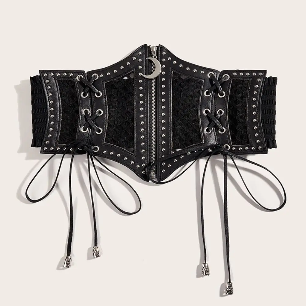 Moon Zipper Pendant Leopard Print Cummerbunds PU Leather Waistband Hollow Corset Belts High Waist Elastic Wide Waist Belt