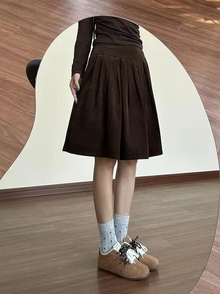 الشتاء خمر سروال قصير تنورة المرأة Y2K عالية الخصر الشارع الشهير الدافئة فضفاض مطوي تنورة السيدات الكورية كل مباراة طول الركبة تنورة