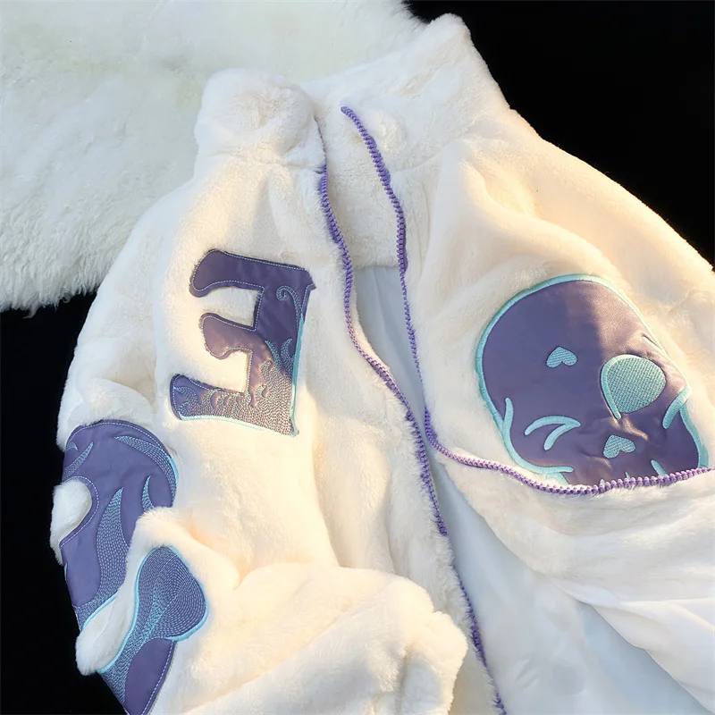 

Spring Autumn Lamb Fur Collar Jaet Men's Embroidered Letter High Street Hiphop Cotton Coat Clean Fit Thiened Casual Loose...