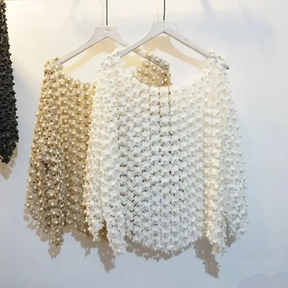 

Women Luxury Pearl Bead Blouse Gold Lurex Floral Lace Hollow Out Cute Shirt Lady's Elegant Blusa Loose Pullover Femme
