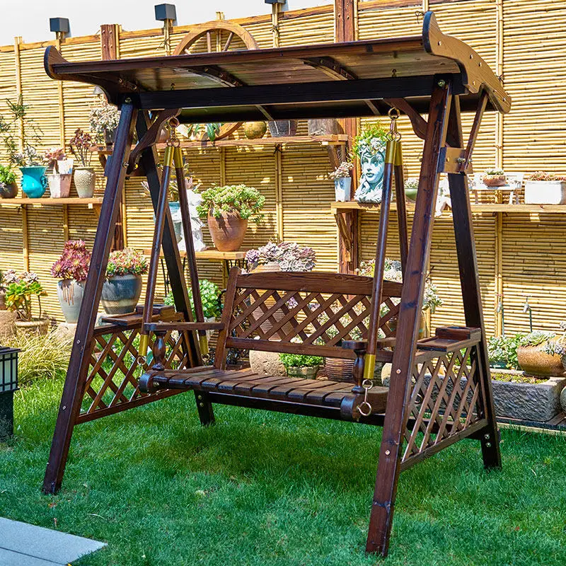 Swing Outdoor Courtyard Solid Wood Rocking Chair Villa Terrace Hanging Chair Anti-corrosive Wood Swing Double Hanging Chair