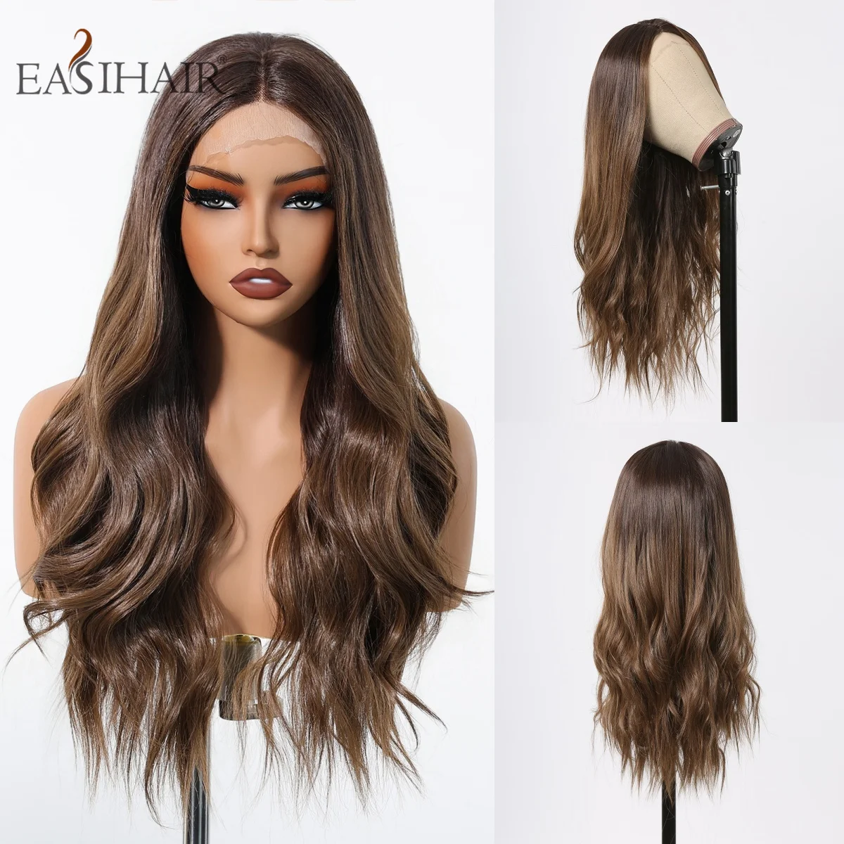 

EASIHAIR Synthetic Lace Front Wig Long Ombre Brown Wavy Lace Frontal Wig with Natural Hairline for Women Cosplay Heat Resistant