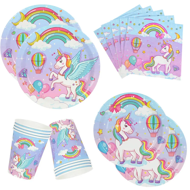 Unicorn Party Disposable Tableware Plates Cups Napkins Tablecloth Girl Birthday Unicorn Party Decoration Baby Shower Supplies