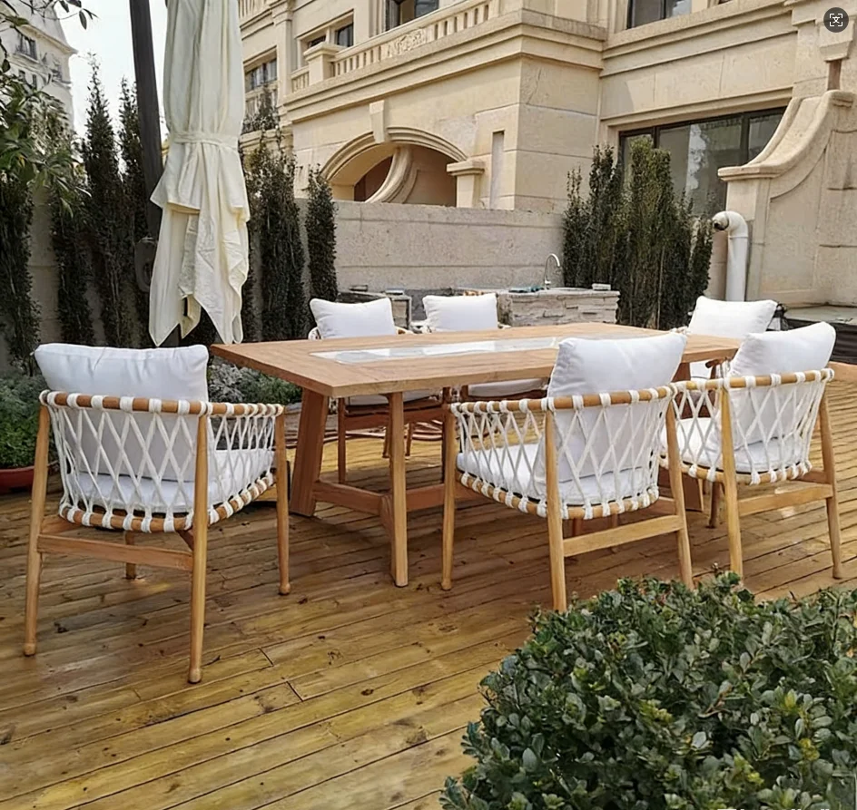 @3 # Modern Durable Teak Outdoor Dining Table And Chairs Set With Round Table-Eco-Friendly Wood Garden Furniture