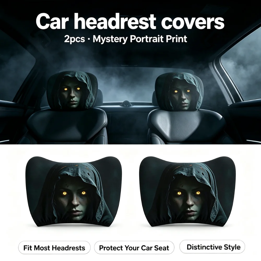 Universal Car Headrest Covers 2pcs Elastic Slip On Protective Sleeves Mystery Print Dust Stain Guard Car Interior Accessory
