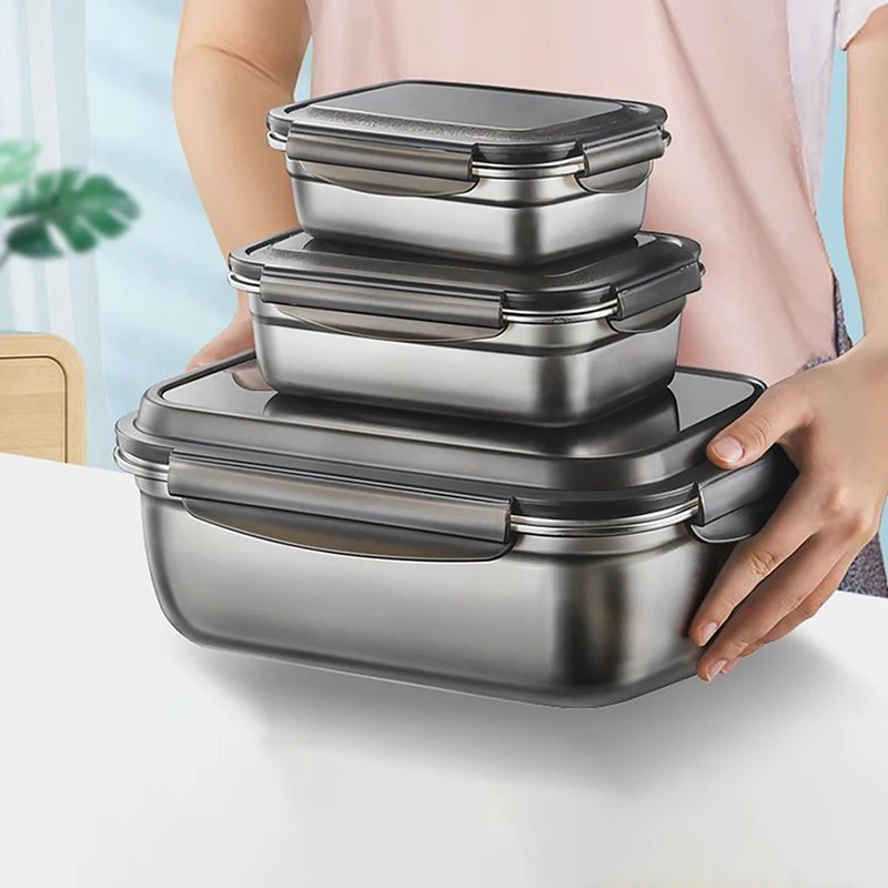 304 Stainless Steel Crisper Box Airtight Food Storage Container With Lid Lunch Bento Food Box Outdoor Picnic Camping Tool