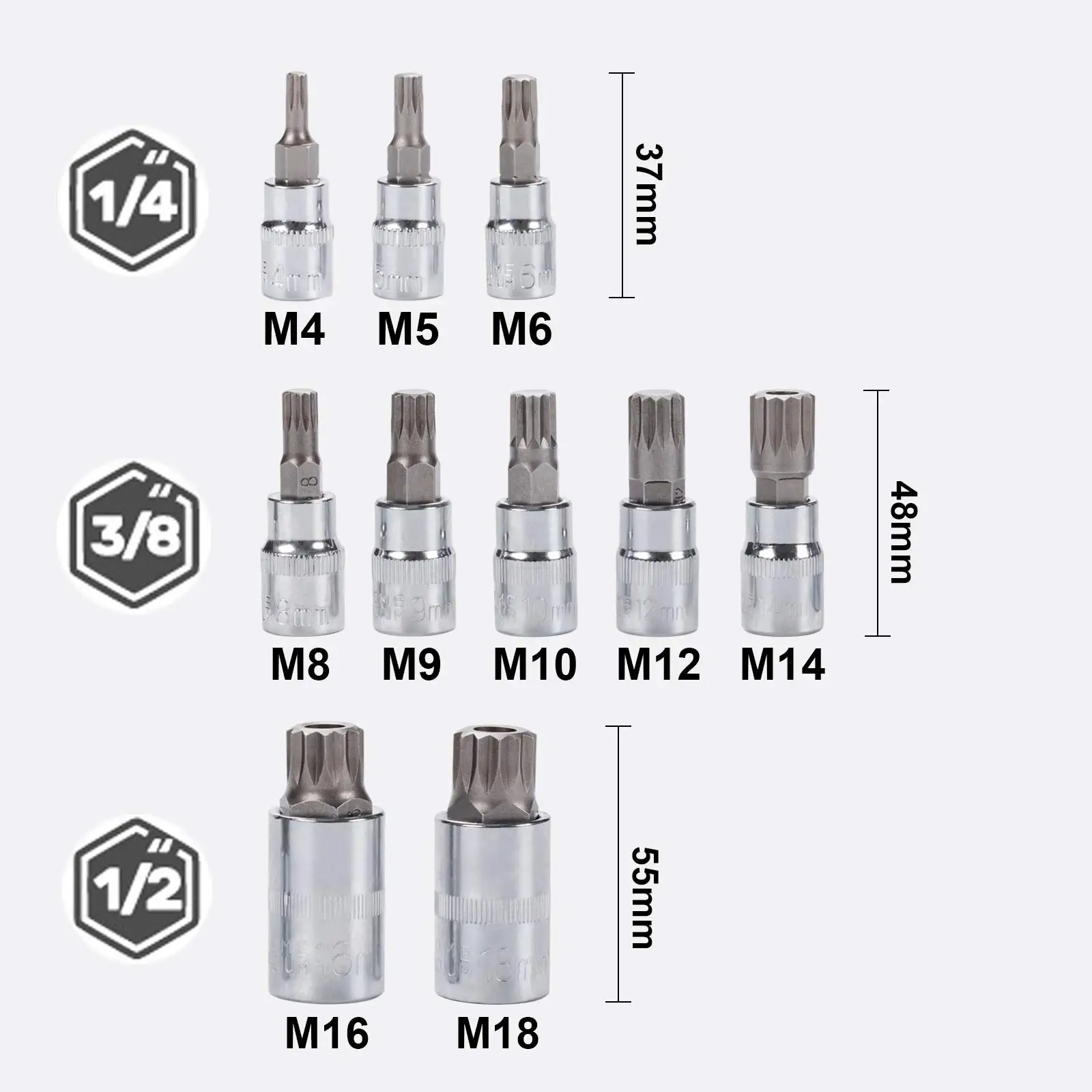 Spline Tip Bit Socket Set,S2 Steel M4 to M18 Triple Square Spline Bit Socket 1/4in 3/8in 1/2in  with Storage Box for Repair
