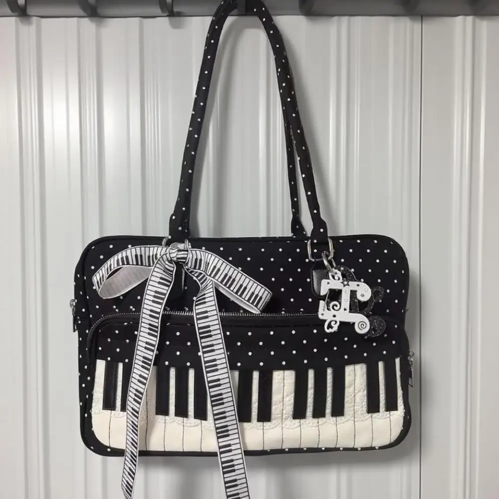 Polka Dot Piano Key Shoulder Bag,Contrast Color Large Handbag,Y2k JK Girls Briefcase,Women Wave Point Bowling Tote Bag