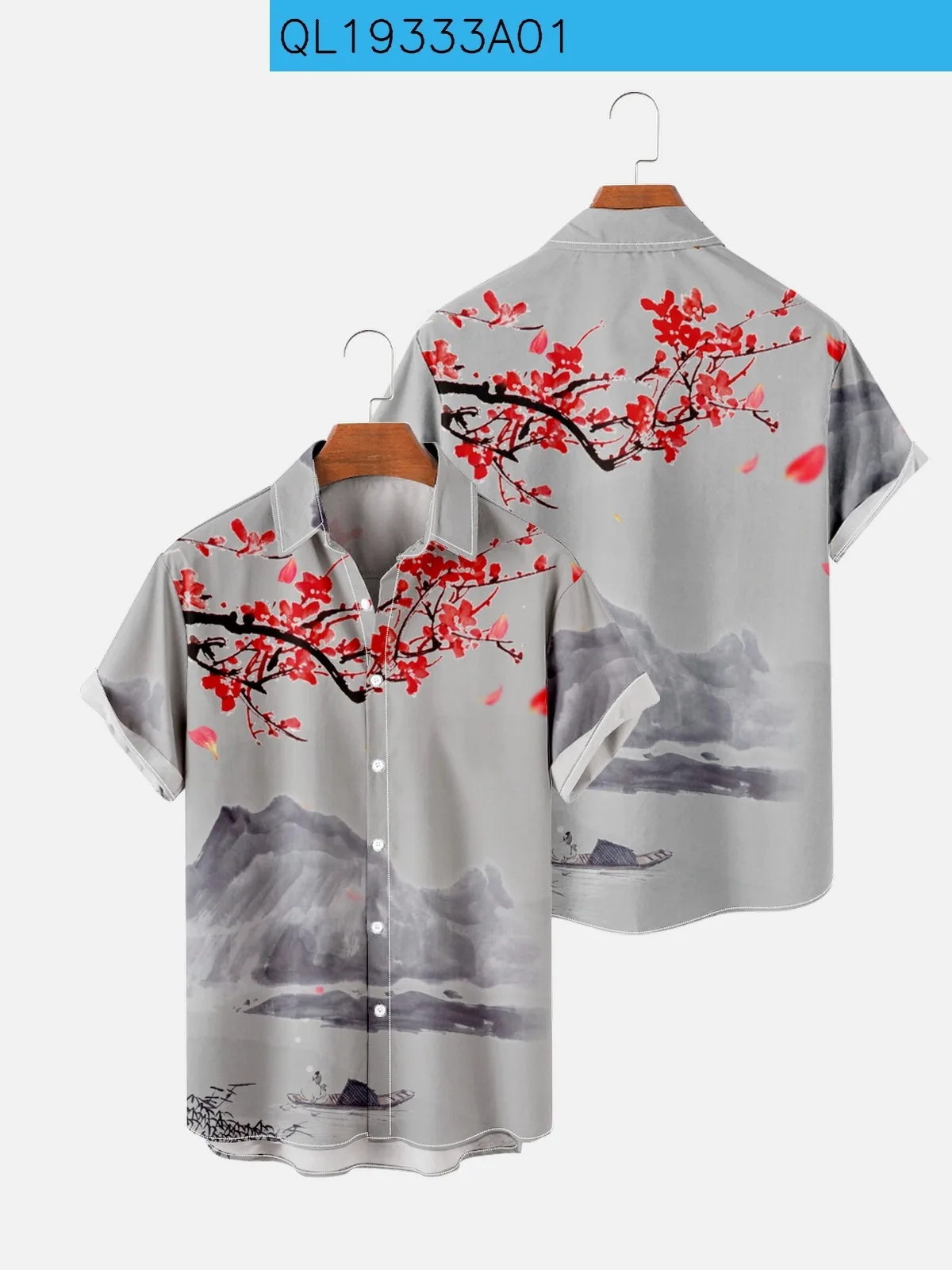 New Men's Shirts Chinese Style Ink Painting Short Sleeve Tops landscape Print Summer Button Shirts for Men And Women