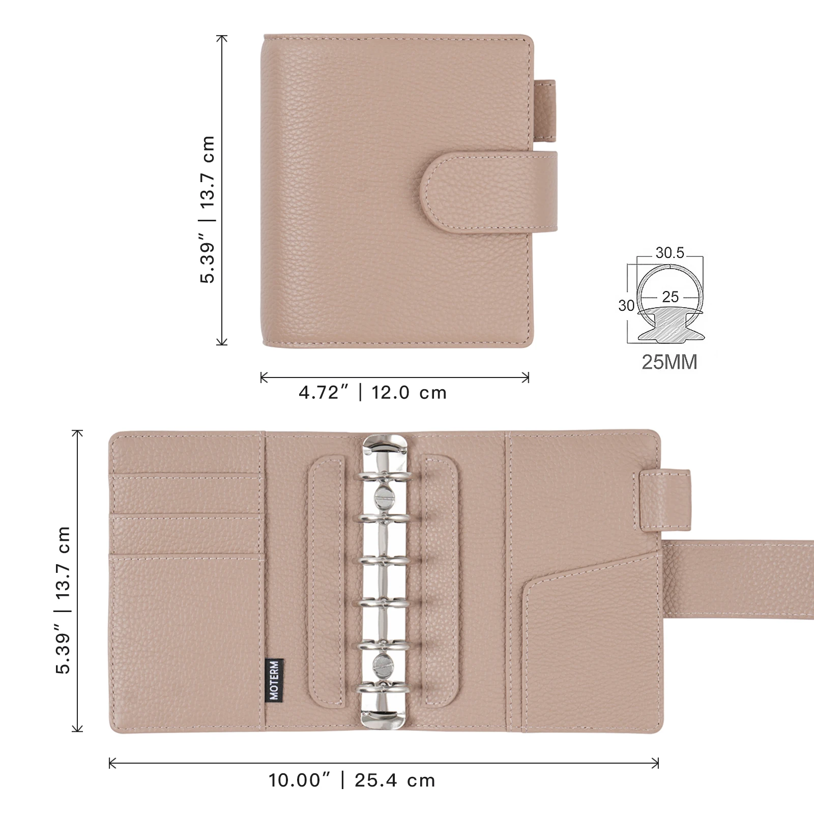 Moterm Elite Pocket A7 Rings Planner Cover Pebbled Grain Leather Binder Organizer Notebook Journal with 25mm Rings