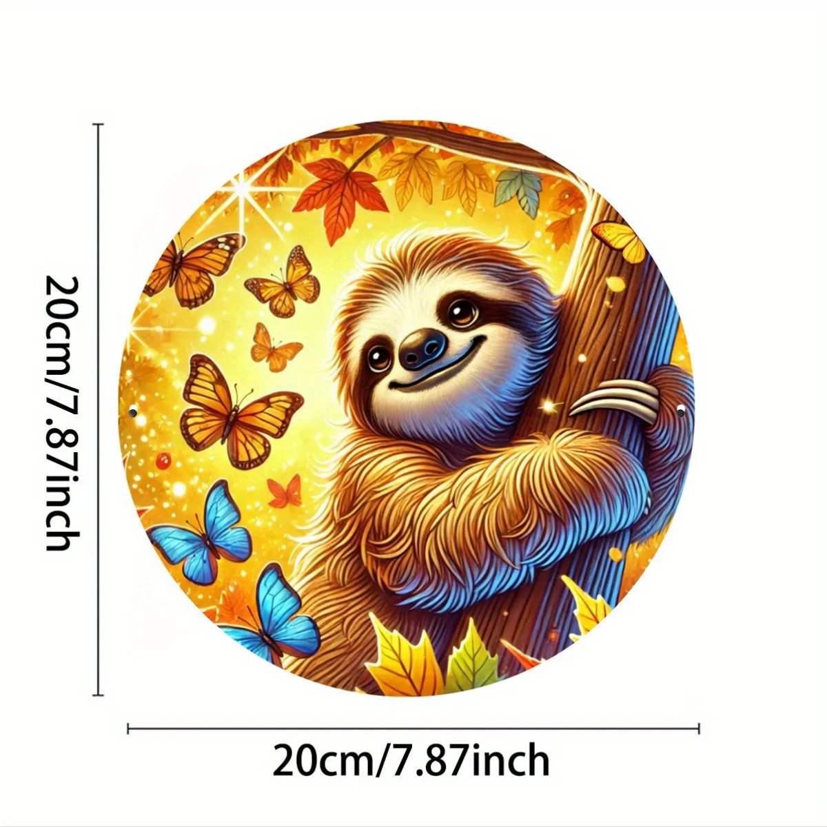 An 8X8 Inch Circular Metal Sign Featuring Delightful Sloths And Butterflies, a Whimsical Hippie Garden Decoration with a Retro L