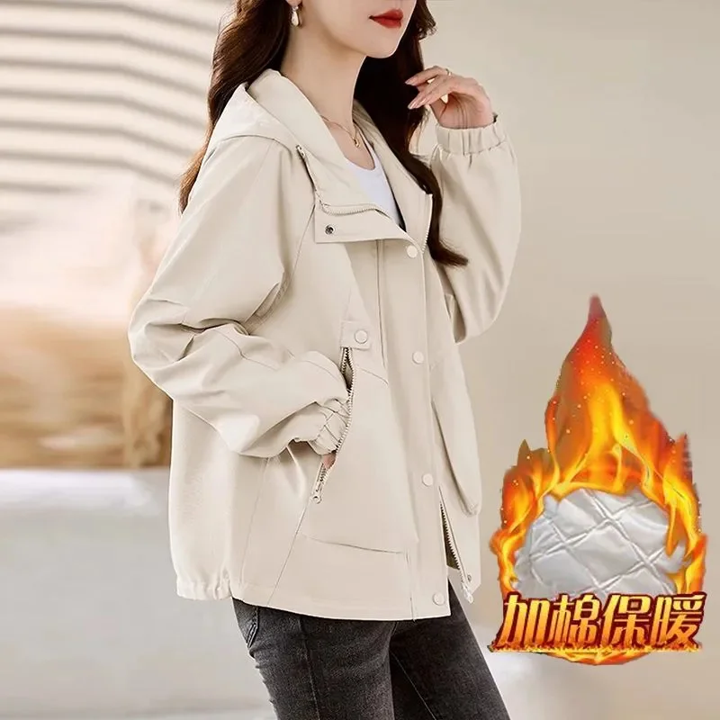 

Women's Autumn Winter Coat Jacket Thickened Add Cotton Warm ParkasNewKorean Female Loose Hooded Windbreaker Jackets Ladies Coats