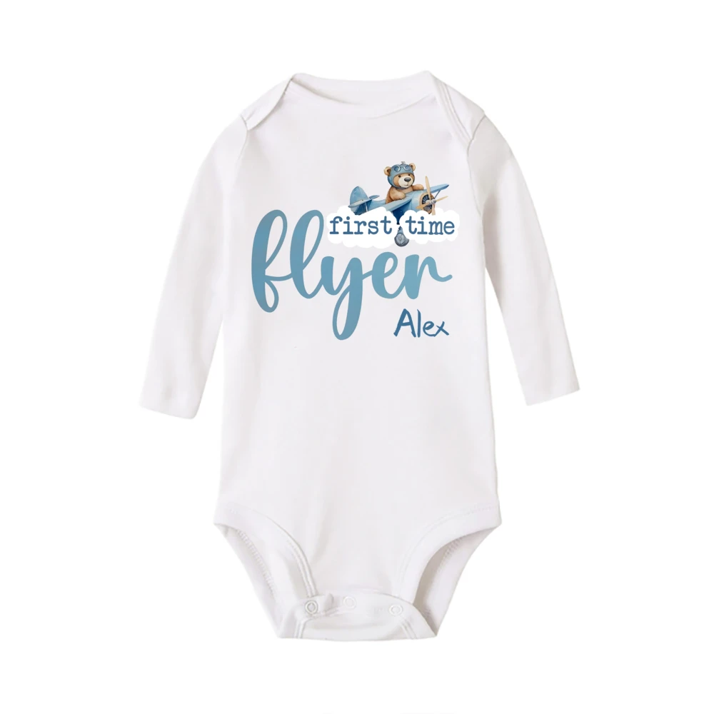 Personalized First Flight&Plane Bear Print Baby Romper Comfy Short Sleeve Newborn Bodysuit Baby\'s First Travel Commemoration