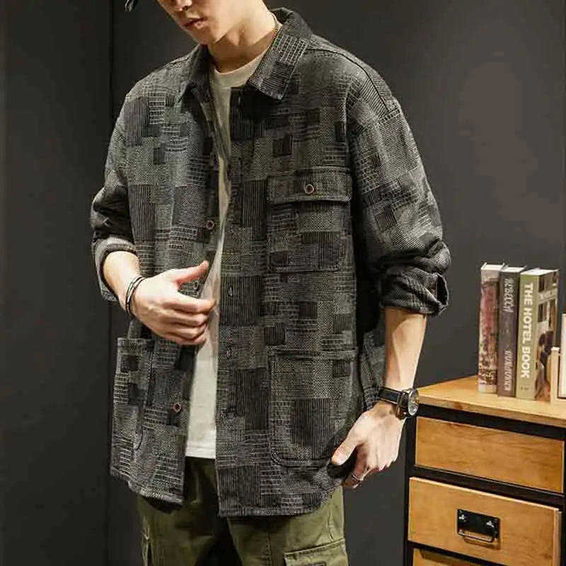 American Vintage Men Plaid Work Shirt Coat Spring Autumn Fashion New Male Clothes Casual Loose Black Grey Long Sleeve Jackets