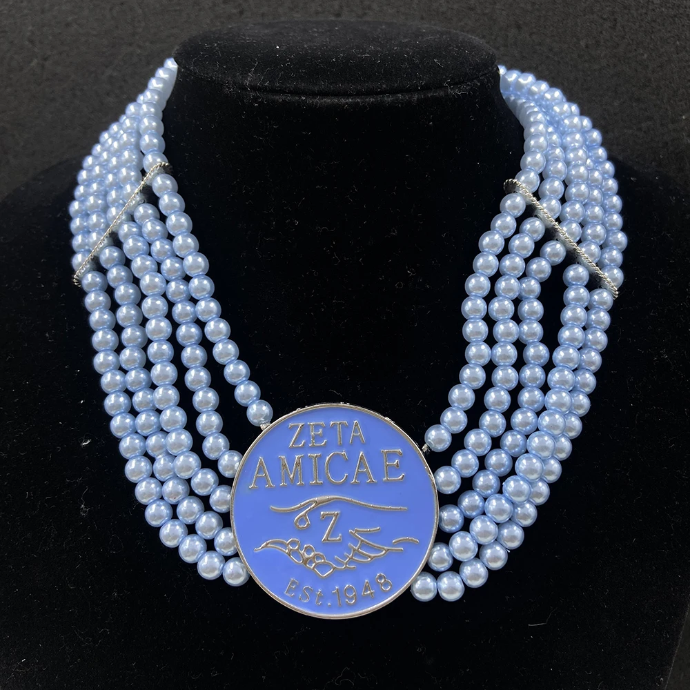 Multi Layer Sorority Light Blue Beaded Zeta Amicae Enamel Round Pendant Crest Pearl Necklace Bracelets Sets