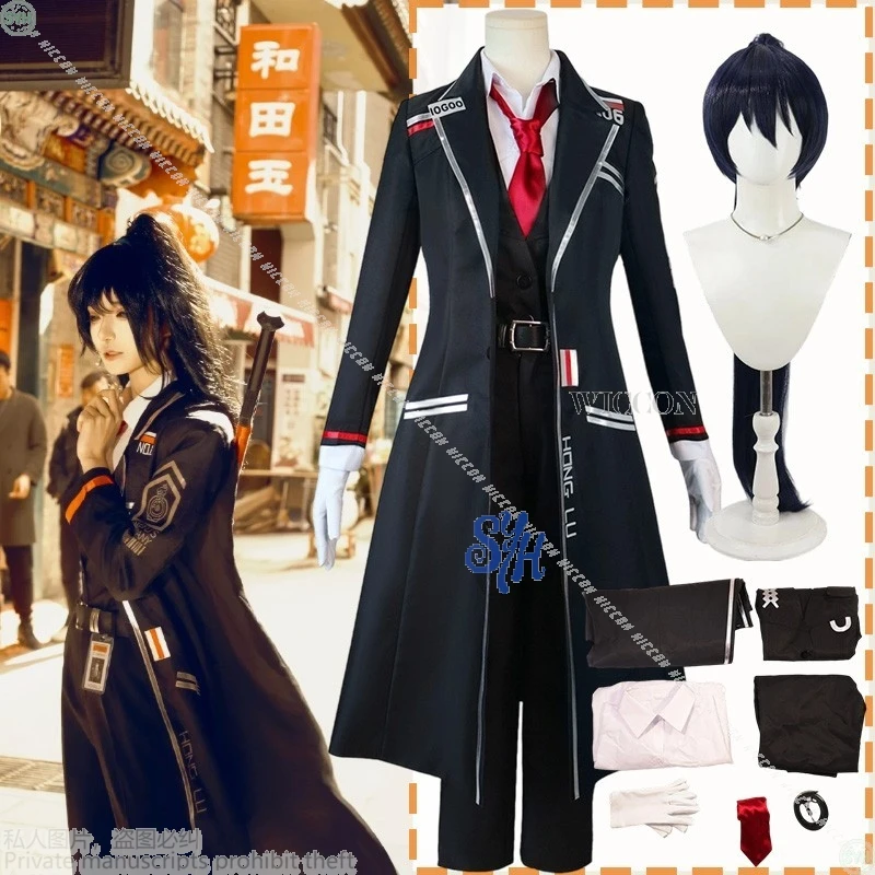 Anime-Spiel Limbus Company Cosplay Hong Lu Kostüm Punk Langer schwarzer Mantel Cooler Umhang Krawatte Gürtel Mode Halloween Weihnachten Mohamed VIDEO Party