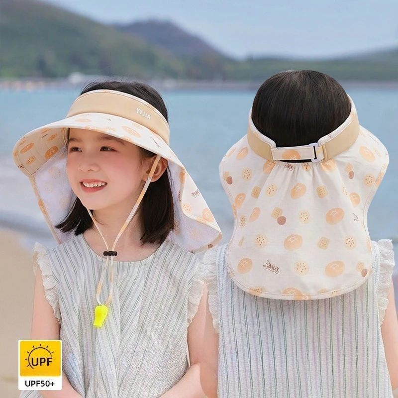 Kids Summer UPF50+ Ice Silk Sun Visor Hat Neck Flap UV Protection Wide Brim Empty Top Cap for 3‑8Y Boys Girls Outdoor Beach Hat