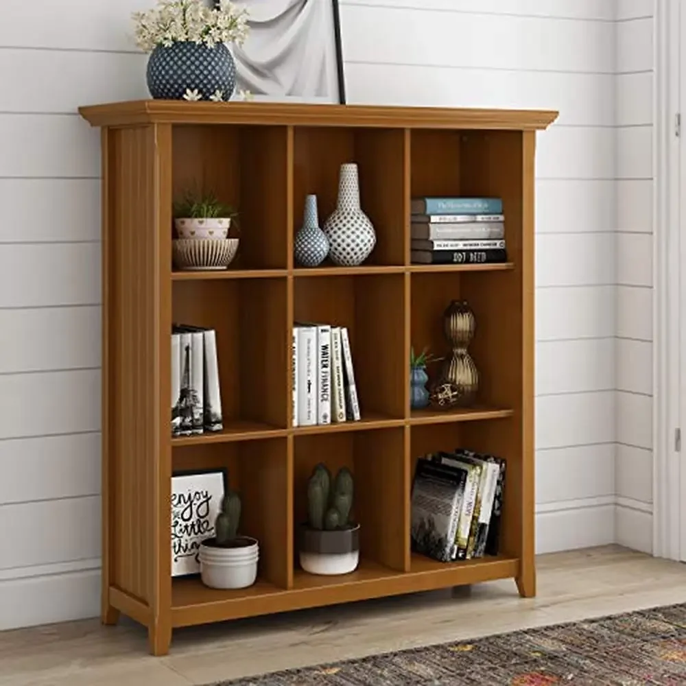 Solid Wood Transitional 9 Cube Bookcase Storage Unit Light Golden Brown Bedroom Office Multipurpose Functional Cubby Shelf