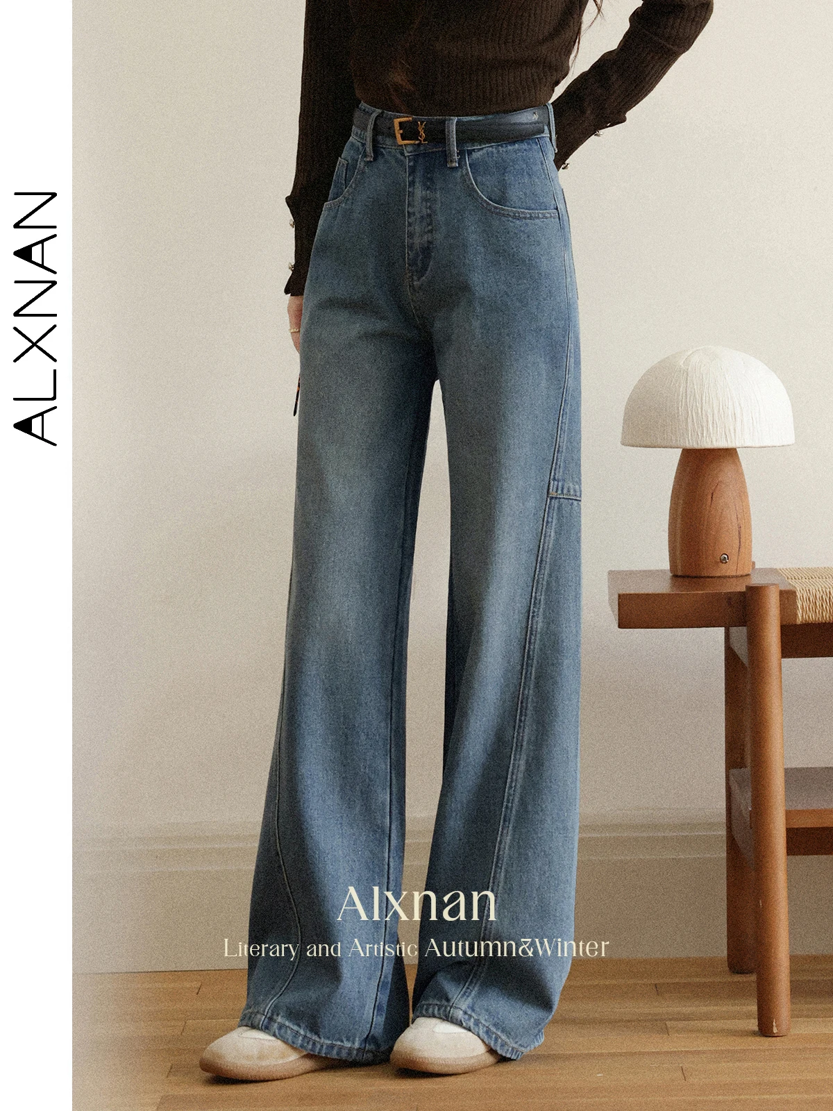 

ALXNAN Baggy Jeans Vintage Blue Wide-leg Straight Women's Jeans Fall Winter High-waist Casual Elegant Baggy Pants Female L56823