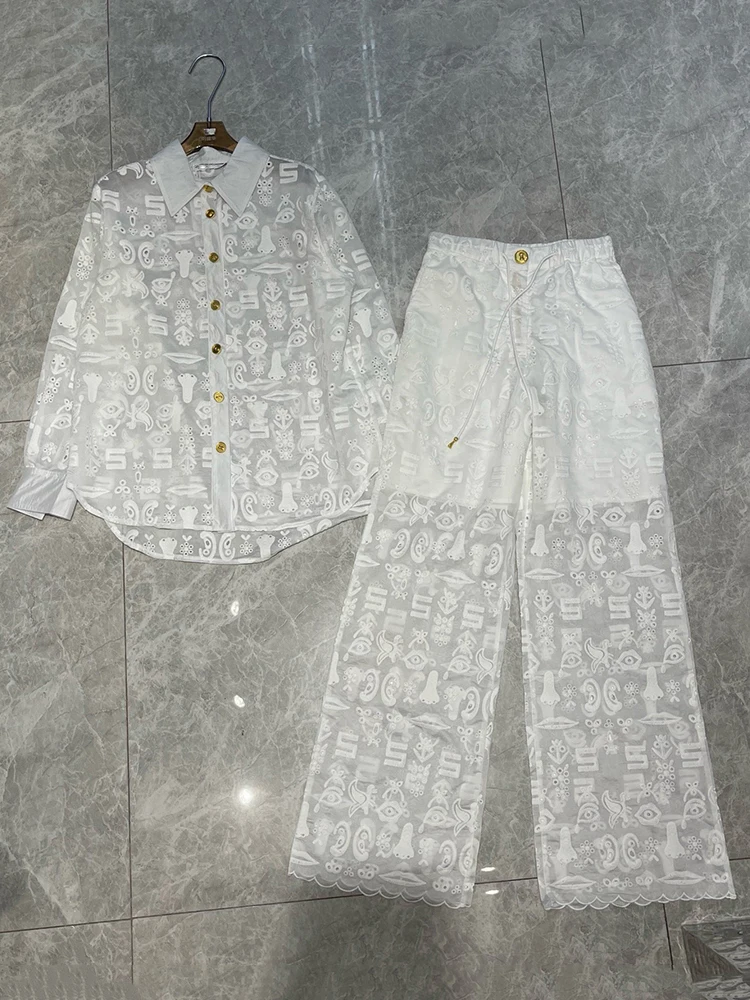 Sexy perspective embroidered lace straight leg shirt two-piece set for 2026 autumn women's clothing+loose wide leg pants set