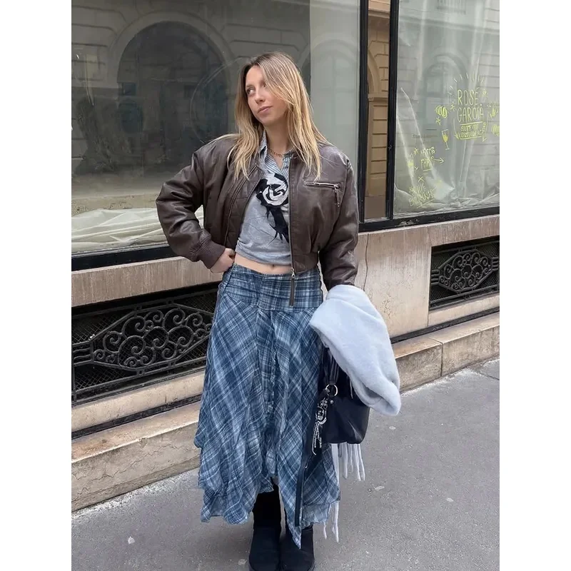 Women's Blue Plaid Pleated Skirt Asymmetrical Hem High Waist A-Line Long Skirt for Women 2026 Spring Summer Y2K Trend