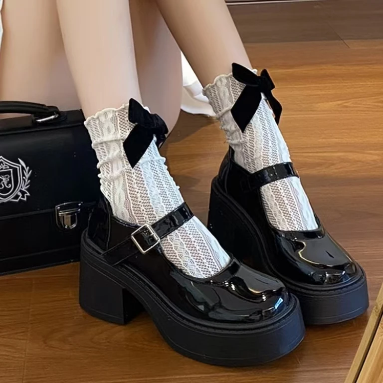 أحذية ماري جين عصرية متعددة الاستخدامات بكعب سميك لزيادة الطول، أحذية فردية سهلة الارتداء تناسب التنانير، أحذية مسطحة على الط... #1