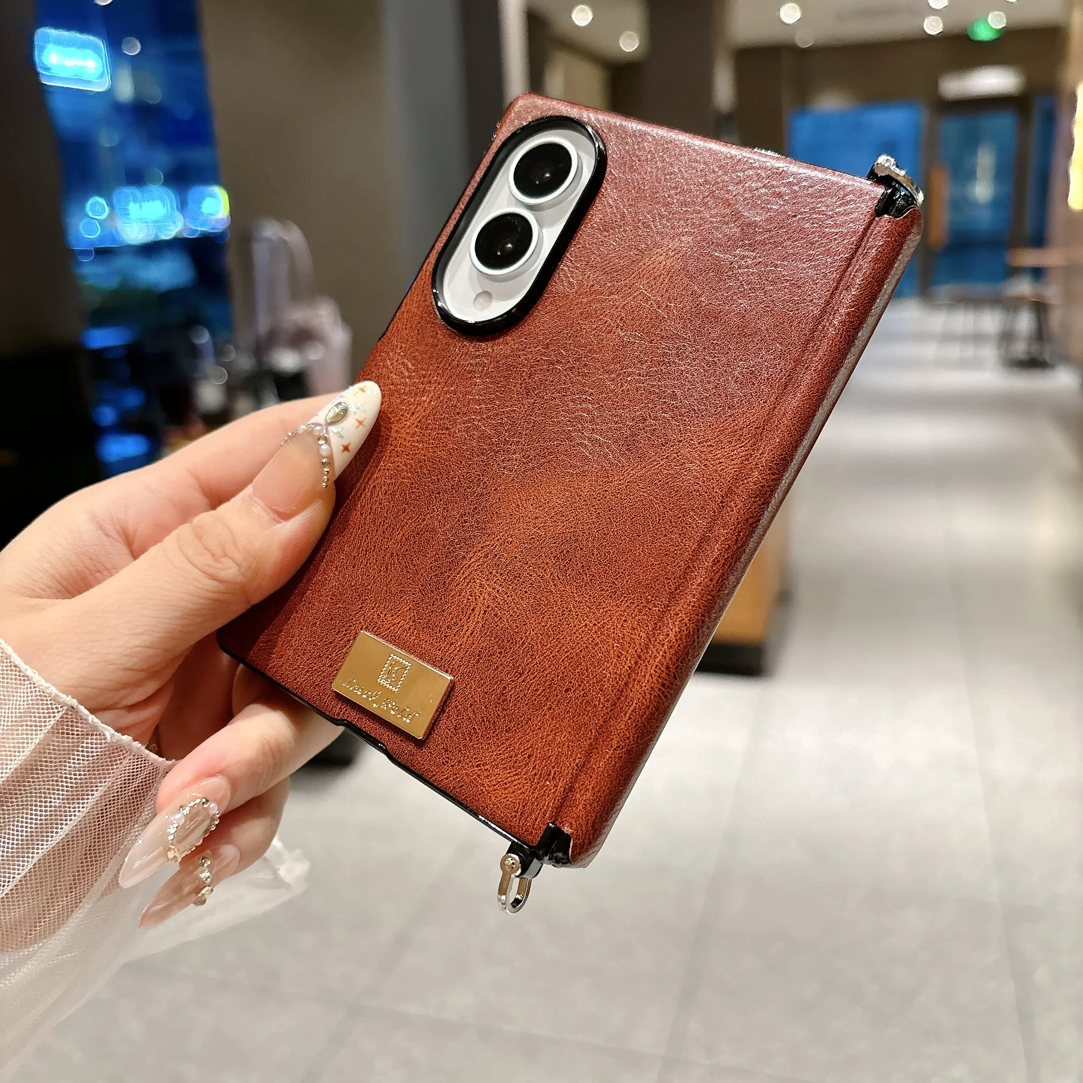 Luxury Fashion Vintage Oil Wax Leather Case for Samsung Z Fold 8 Wide Hinge Protection Shockproof with Wrist Strap Slim Cover view 4