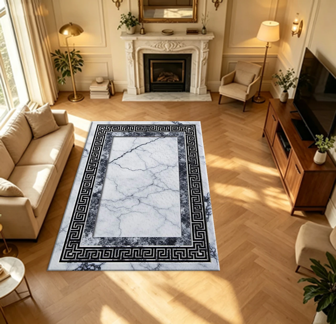 Marble Texture Greek Key Border Carpet Flooring Luxury Household Living Room Hall Area Rug Indoor Home Floor Ornament