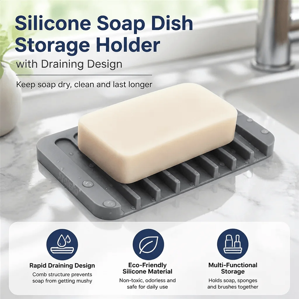 Silicone Soap Dish Draining Holder Bathroom Kitchen Organizer Eco-Friendly Non-Slip Sponge Tray Shower Accessories Rapid Drain