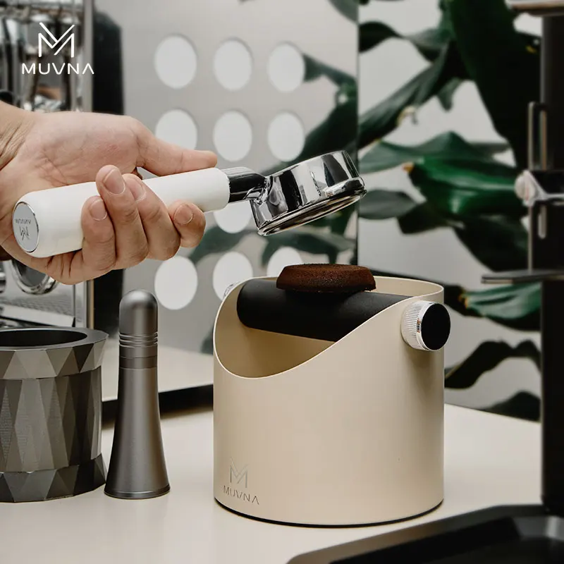 MUVNA Espresso Stainless Steel Knock Box, Coffee accessories with Removable Knocking Rod Shock, Non-slip Base(White/Black)