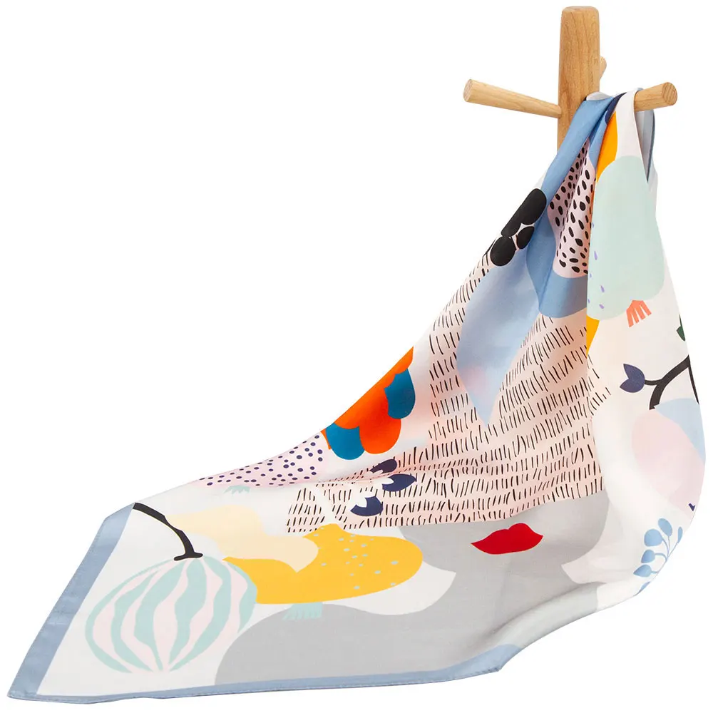 53cm 100% Natural Silk Scarf Women Abstract Fruit Portrait Painting Print Bandana Head Square Neckerchief Lady Hairband Wrap