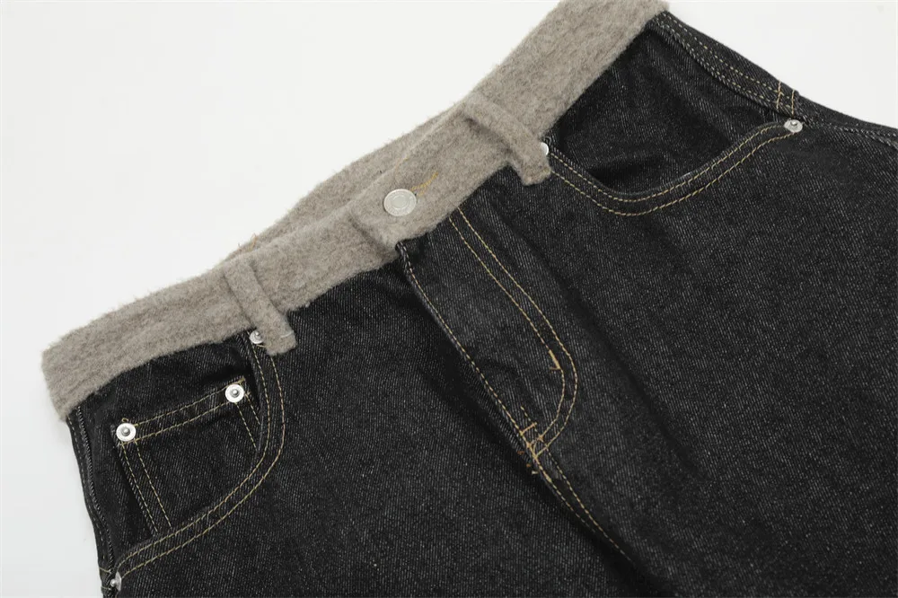 Patchwork Dark Jeans Herren Retro High Street Frühling Gespleißt Lose Breite Bein Denim Hosen Männer Hosen – Detail 6