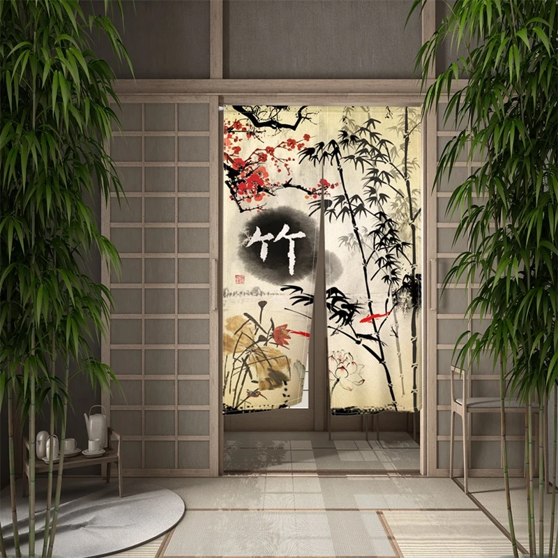 Chinese Traditional Bamboo Door Curtain Ink Painting Kitchen Dining Room Partition Curtains Drape Entrance Hanging Half-Curtain