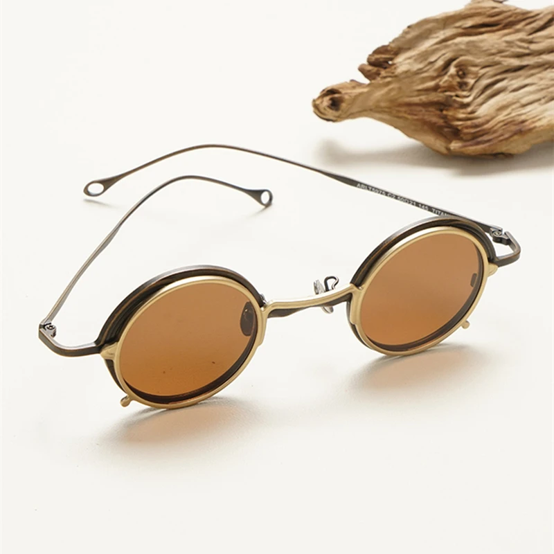 Vintage Titanium Round Glasses Frame with Magnetic Clip on Polarized Sunglasses Handmade Trendy Eyeglasses Men Women Eyewear