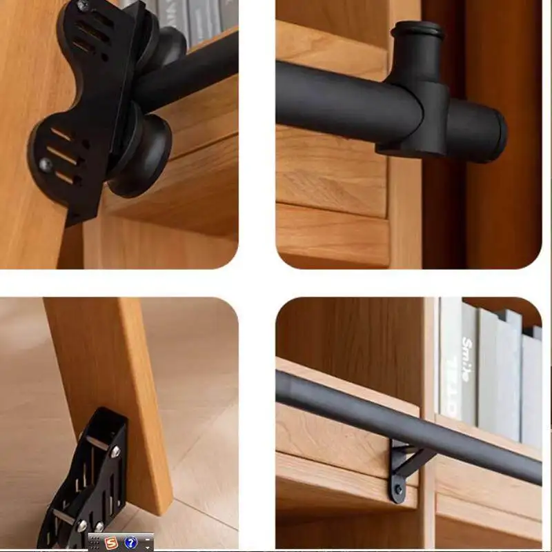 2M 5m Sliding Library Ladder Black Track Kit, Telescopic Top Roller Can Be Upright, Brake Bottom Wheel (No ladder)