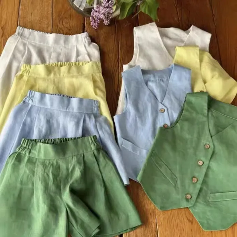 

2025 Summer Girls Casual Cotton Linen Suit New Fashion Linen Breathable Sleeveless Vest Tops + Shorts Children Two-Piece Set