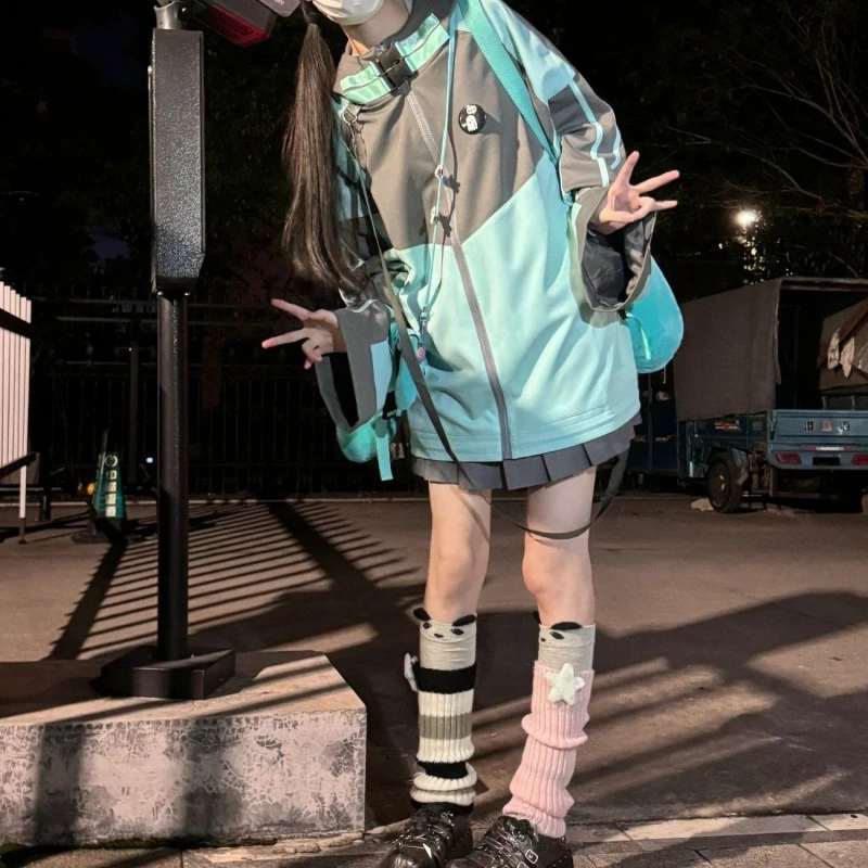 Y2K Punk Japanese Harajuku Subculture Women Contrast Color Hooded Jacket Buckle Cargo Pocket Oversized Loose Fit Casual clothes
