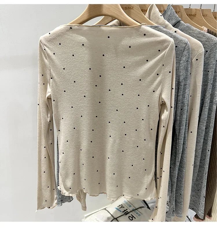 2026 Sommer Dünnes Schicht-Unterhemd Lässiges Allround-Oberteil Damen T-Shirt Aprikotfarben Gepunktet Ein-Schulter Langarm-Shirt – Detail 6