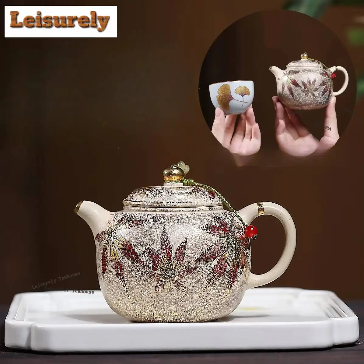 170ml Creative Yixing Purple Clay Teapots Handmade Gold Drawing Maple Leaf Pot Raw Ore Benshan Green Mud Kettle Zisha Ornaments