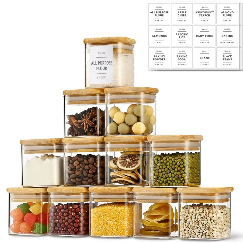 5oz Airtight Square Spice Containers with Bamboo Lid Labels Storage Stackable Spice Jar,Kitchen Canister for Sugar,Tea,Flour