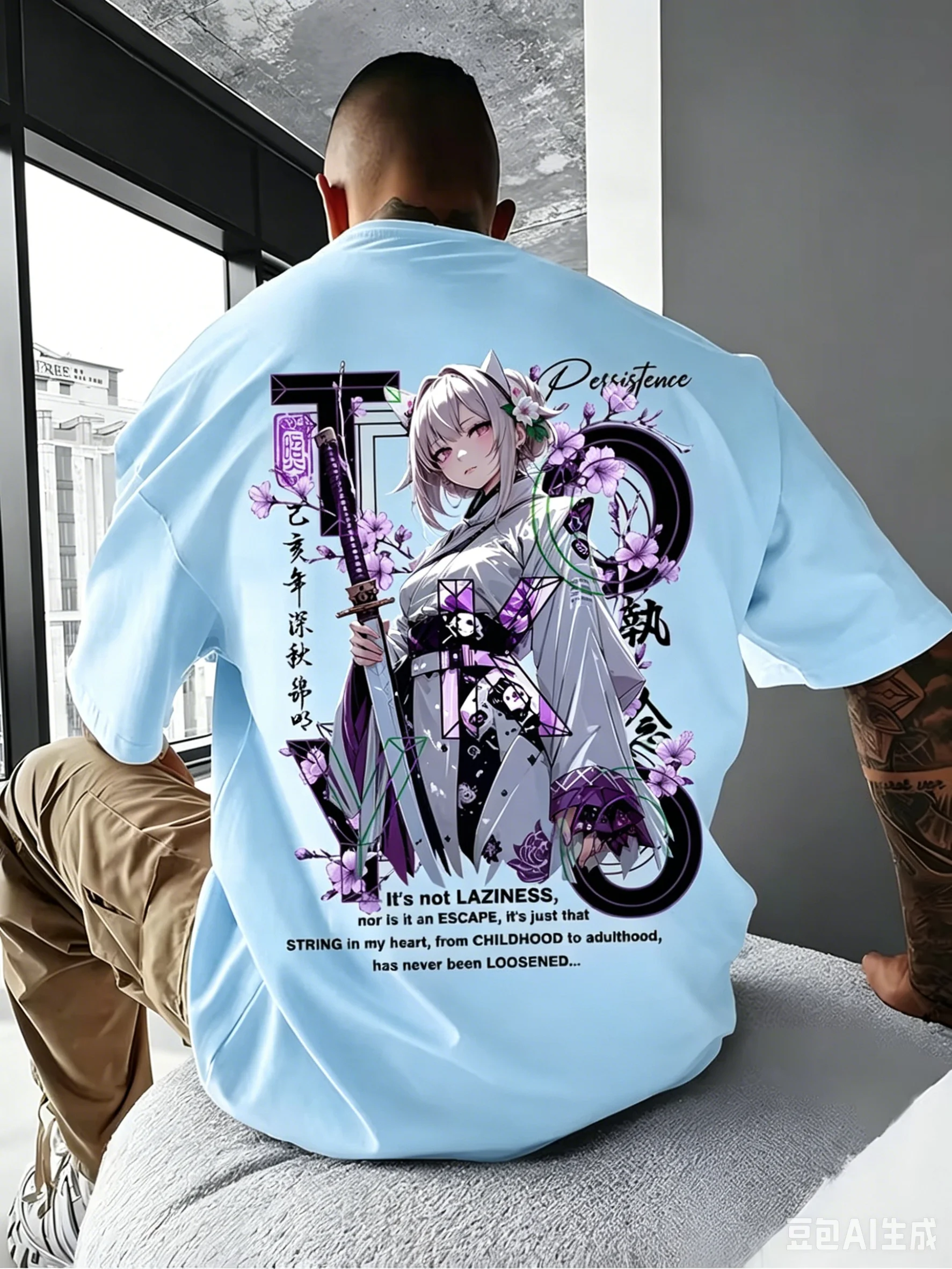 Herren Sommer Japanischer Anime Street-Style T-Shirt Kriegerin-Muster Druck 100% Baumwolle Outdoor-Aktivitäten Locker Kurzarm