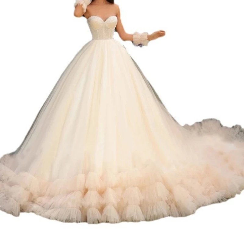 Vestido de novia de princesa encantador para mujer, vestido de baile con cuentas de corazón, encaje, borde de volantes, baile de graduación, quinceañera