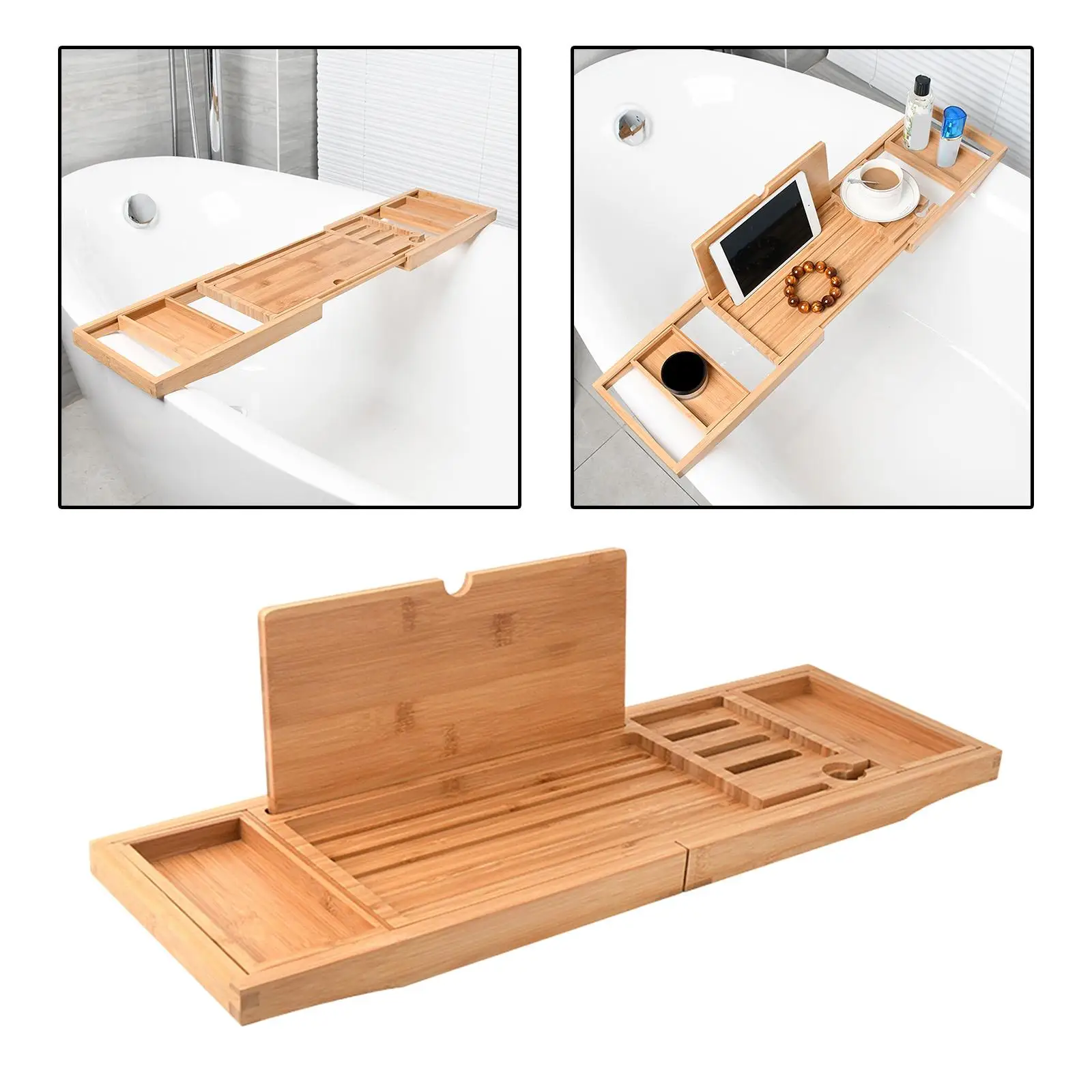 Bathtub Tray Bath Caddy Tray for Tub with Slots Holds Book,Phone ,Soap 23.62\'\'-34.25\'\' Bath Tray Bathtub Stand Holder