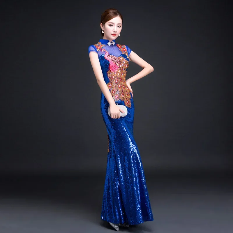 

Red Sequin Dress Cheongsam Oriental Womens Wedding Short Sleeve Party Qipao Chinese Style Elegant Long Robe Clothes Vestido