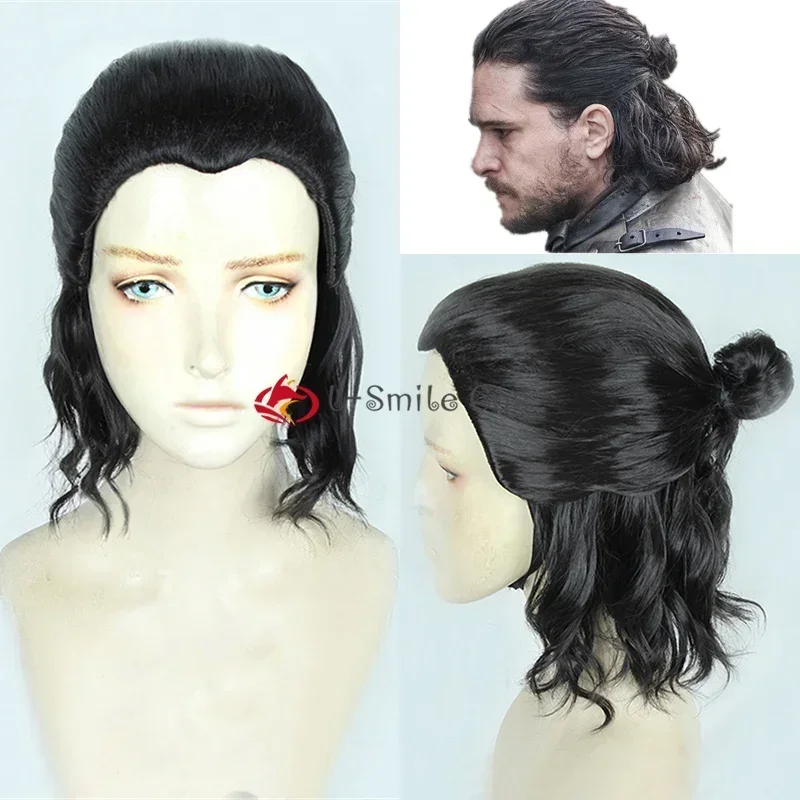 Jon snow cosplay perucas curto preto marrom encaracolado com pães estilo resistente ao calor peruca de cabelo sintético + touca peruca grátis
