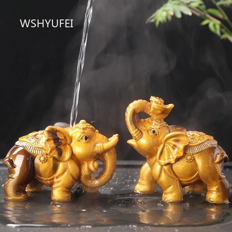 Color Changing Tea Pet Ornament Home Elephant Auspicious Desktop Decoration A Pair of Elephants Playing Tea Resin Crafts