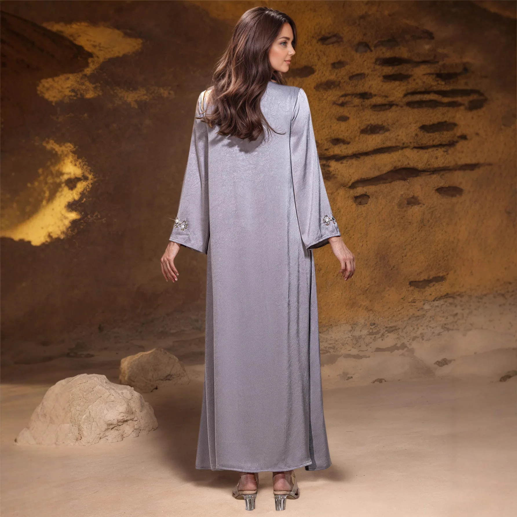 Muslim Dress Suit 2 Piece Sets Women Party Open Abaya Dresses Diamonds Long Robe Jalabiya Dubai Kaftan Ramadan Vestidos Abayas