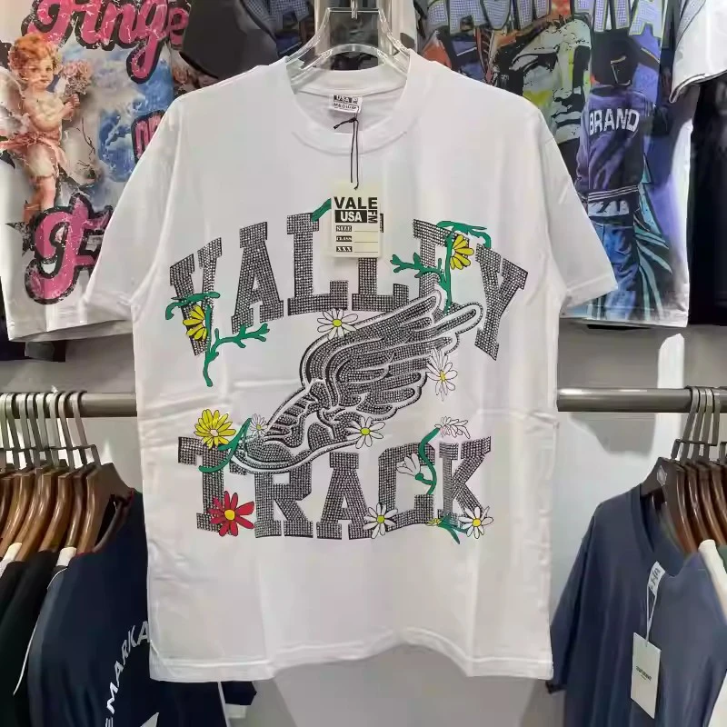 

VALE TRACK Rhinestone Washed Hand Worn VALE T SHIRT Fashion T-Shirts Men Summer Style Women Vintage T Shirt Tee